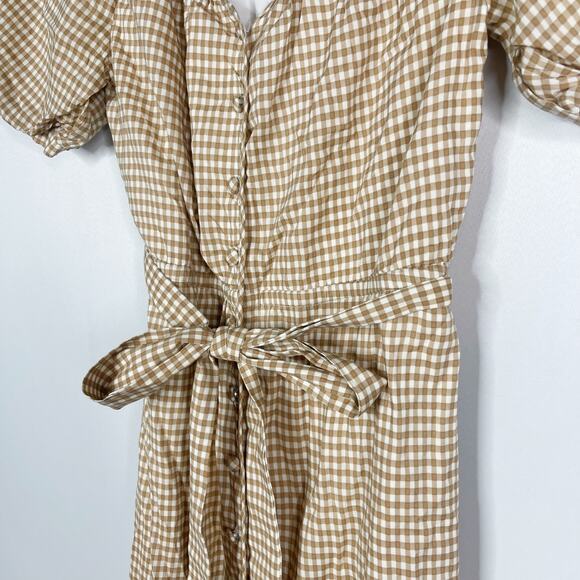 Reformation XS Tan Natural Roland Dress Anzo Check Gingham Midi Button Front - Picture 5 of 14
